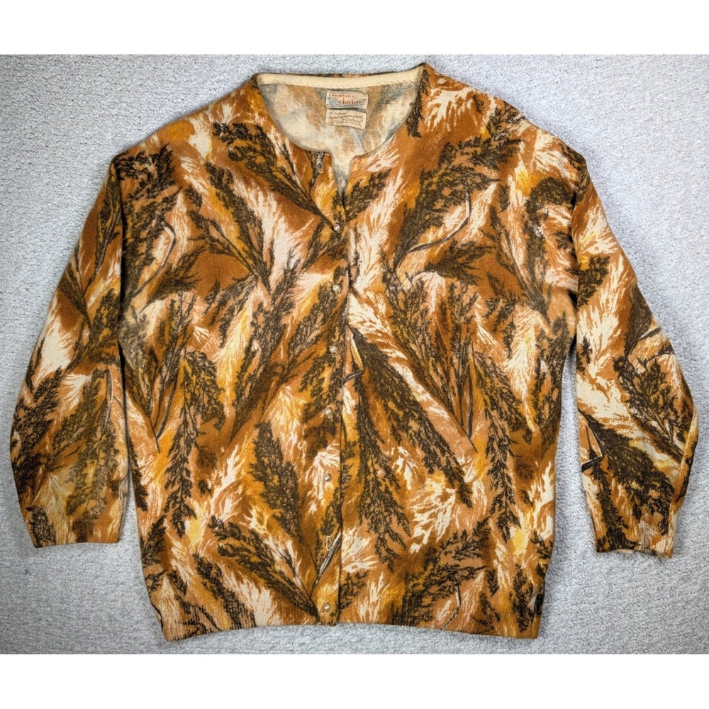 Vintage 50s Darlene Angora Cardigan M 40 Hand Screen Print Autumn Wheat Pearl